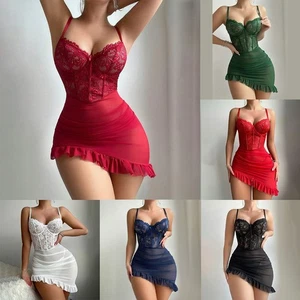 Women Mesh  for LINGERIE Sets Underwire Push Up Bra with Lace Ruffle Nightdress - Picture 1 of 16