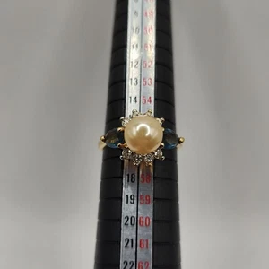 Pearl Blue Marquise Stone Halo Cocktail Ring Gold Tone Size 8 Elegant Statement - Picture 1 of 4
