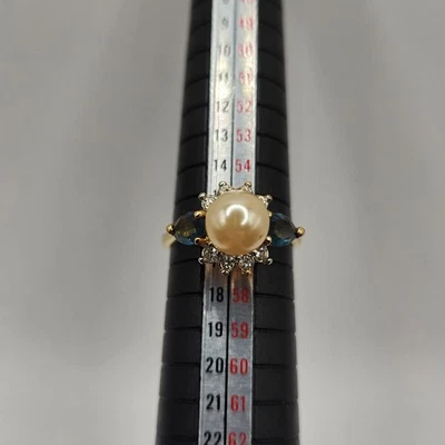 Pearl Blue Marquise Stone Halo Cocktail Ring Gold Tone Size 8 Elegant Statement - Image 1 of 4