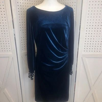 Vestido Jessica Howard Talla 14W Azul Terciopelo Aplastado Vacaciones Cóctel Manga Campana Foto 1 de 4