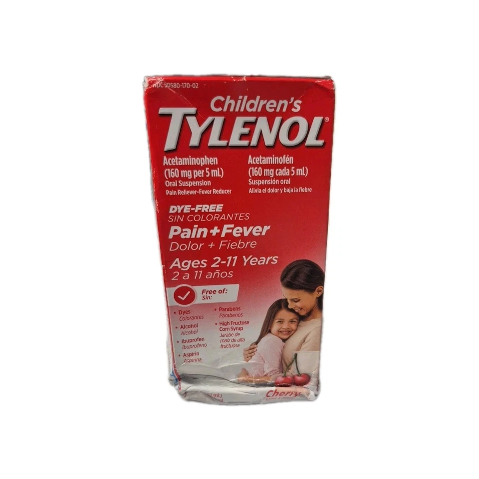 TYLENOL PAIN + FIVER 8 FL Oz CHERRY AGES 2 TO 11 YEARS EXP 08/2026 Damaged Box - Image 1 of 1