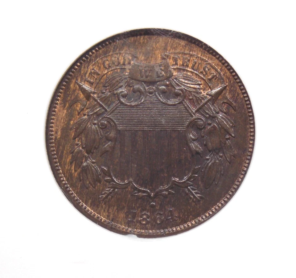 1864 Two Cent Piece *LARGE MOTTO* 2c NGC MS65 BN CAC #006 Gem Unc ECC&C, Inc. - Image 1 of 4