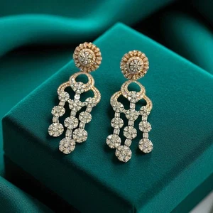 Pave 7.17 Cts Round Brilliant Cut Diamonds Dangle Earrings in 14K Two-Tone Gold - Picture 1 of 17