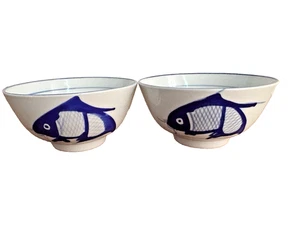 Vintage Set Of 2 CHINESE KOI CARP FISH RICE BOWLS BLUE & WHITE HAND PAINTED 4”5 - Picture 1 of 11