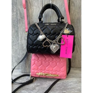 Betsey Johnson Quilted Heart Bag Set - Black Satchel & Pink Crossbody Purse - Picture 1 of 9
