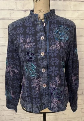 Coldwater Creek Sz Med Blue Purple Velvet Floral Jacket Boho Career Casual - Image 1 of 4