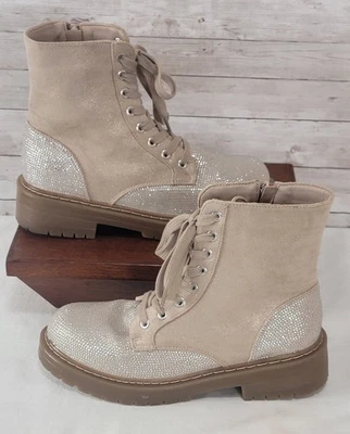Sz 9 Sugar Embellished Kaedy Combat Boots Rhinestones Side Zip Shimmer Beige Wmn - Image 1 of 4