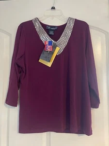 NWT women’s L Susan Graver Long Sleeve Bling Neckline Embellished sequins shirt - Picture 1 of 7