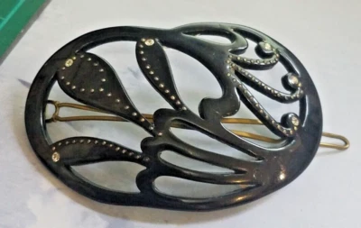 Vtg French Handmade Hair Barrette Black Plastic Rhinestones Brass Flower Design - Imagem 1 de 4