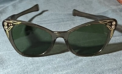 Vtg WILLSON Cat Eye Sunglasses Rhinestones Gold Detail Semi Opaque made USA - Image 1 of 4