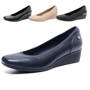 Women Office Dress Shoes Wedge Heel Square Toe Slip On Comfort Pump Shoes - Picture 1 of 22