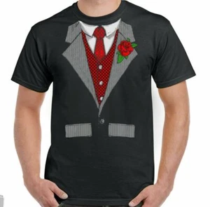 Tuxedo T-Shirt Fancy Dress Outfit Costume Suit Stag Doo Mens Funny Shirt & Tie  - Picture 1 of 2
