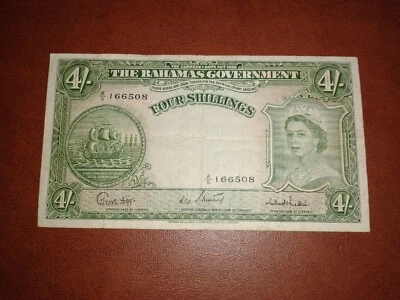 Bahamas Four Shillings 1953 P13 Rare Old Vintage Banknote 4/- Elizabeth II Bill - Image 1 of 2
