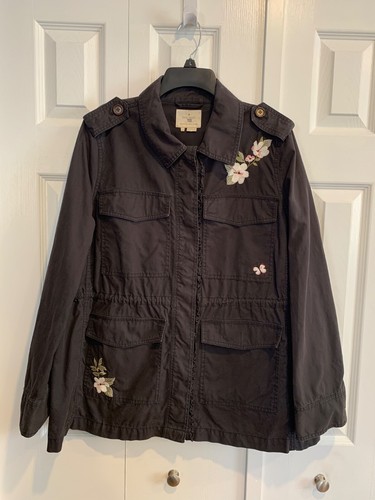 Giacca Kate Spade floreale esercito taglia XL bordo con volant ricamo tasche sportiva