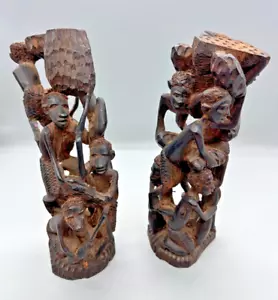VINTAGE Pair African Folk Art Hand Carved Wooden Working Oriental Rare Ornaments - Foto 1 di 13