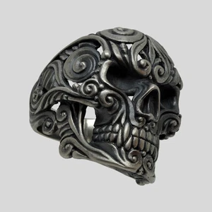 Sugar Skull Mexican Biker Ring Sterling Silver .925 Men Floral All Size UNIQABLE - Picture 1 of 12