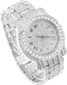Techno Pave Men's 45mm Silver Diamond Watch - Roman Dial - Simulated Crystals - Picture 1 of 3