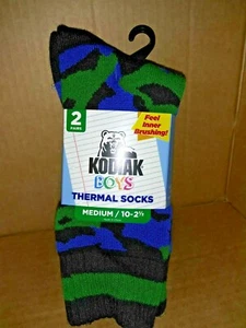 Kodiak Boys Camo Green/Blue/Black Medium 10 to 2 1/2 Thermal Socks 2 pair pack - Picture 1 of 3