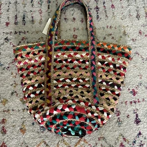 Anthropologie Straw Jute Cotton Multicolor Boho Hippie Shoulder Bag Beach Tote - Picture 1 of 16