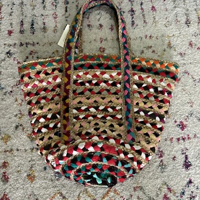 Bolso de Hombro Anthropologie Paja Yute Algodón Multicolor Boho Hippie Bolso de Playa Foto 1 de 4