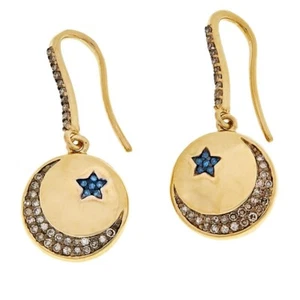Champagne & Blue Diamond Star Moon Gold-plated Sterling Silver Drop Earrings New - Picture 1 of 3