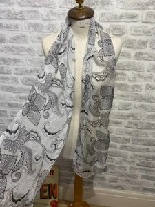Chiffon silk scarf made in India wispy sheer black white paisley oblong S290 - Picture 1 of 6