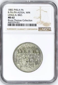 1882 RULAU PHILADELPHIA PA-Ph A255A WHITE METAL LINGG & BRO NGC MS 62- VERY RARE - Picture 1 of 2