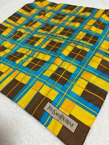 Yves Saint Laurent Silk Scarf Yellow Blue Brown Modern Plaid Geometric 22.5in - Picture 1 of 15