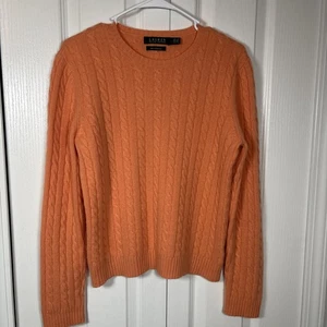 Vintage Lauren Ralph Lauren 100% Cashmere Cable Knit Sweater L Melon Peach - Picture 1 of 9