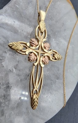 10k .417 Gold Black Hills Gold Coleman Co 4 Roses Cross w 18" Necklace Au 25152 - Image 1 of 4