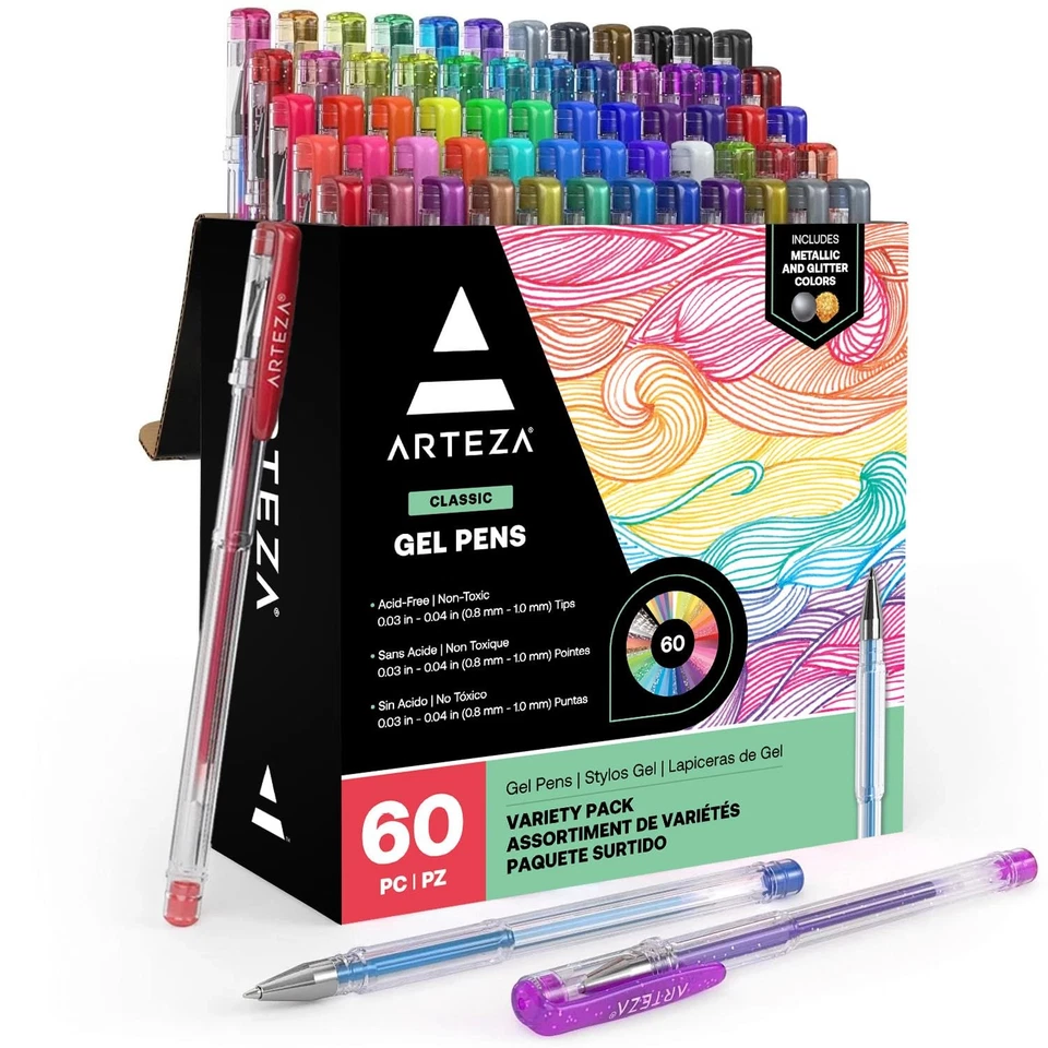 Arteza Gel Pens, Set of 60-Individual-Colors, 0.8-1.0 mm Tips, Acid-Free & - Image 1 of 4