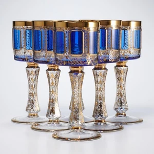 Moser Cobalt Cabochon Cut Gold Gilt Encrusted Bohemian Wine Glasses 6-Pcs. 6.5"h - Picture 1 of 5