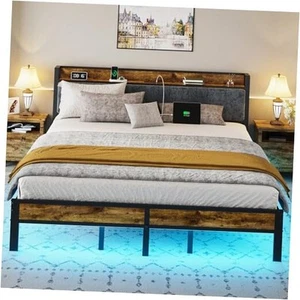 King Size Bed Frame with Smart LED Lights, Storage Headboard with USB Charging - Picture 1 of 8