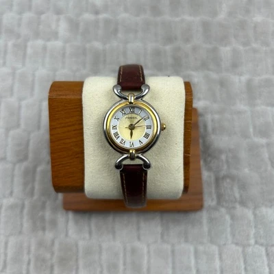 Reloj Fossil Mujer Dos Tonos Corte Pirámide Cristal Marrón Correa Cuero Batería Nueva Foto 1 de 4