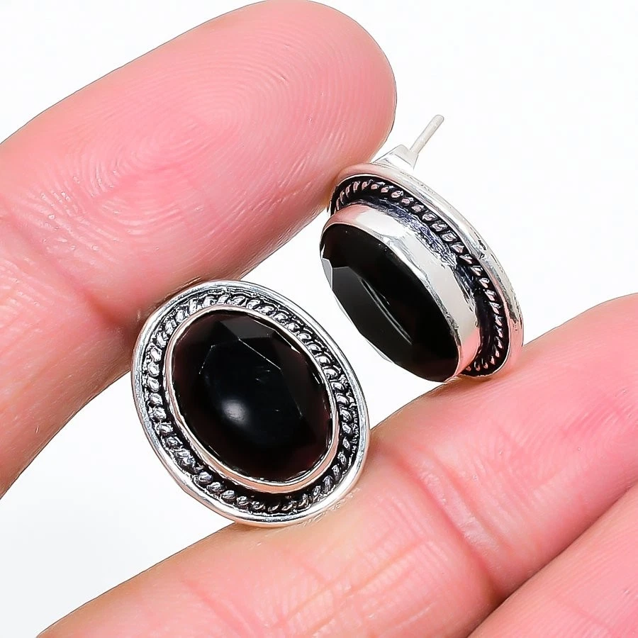 Black Spinel Gemstone 925 Sterling Silver Jewelry Stud Earring Size 0.75" - Image 1 of 1