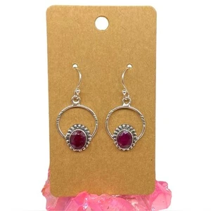Ruby Earrings Solid 925 Sterling Silver Dangle Drop Hoop Pierced Natural Stone - Picture 1 of 7