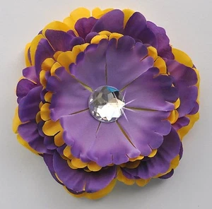 4.5" Purple & Bright Yellow Peony Fabric Silk Flower BROOCH Pin Handmade - Picture 1 of 2