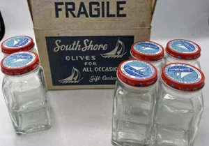 6 Vintage South Shore Spanish Olives Vermilion Ohio Glass Jar Tin Litho 5x2.25 - Picture 1 of 12