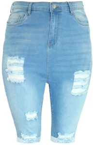 New Stretch Denim Blue High Rise Fray Shorts Skinny Fit Ladies Womens  - Picture 1 of 3