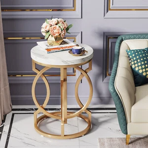 20 Zoll Weißgold Kunstmarmor Runder Beistelltisch für Wohnzimmer Akzent Tisch - Bild 1 von 9