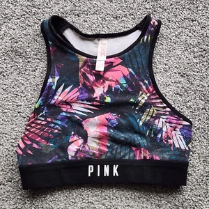 Victorias Secret PINK Sports Bra XS Black Pink Multi Racer Back Tropical Gym - Picture 1 of 11
