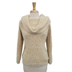 LC Lauren Conrad Womens Fuzzy Knit Cowl Neck Sweater Size L Cream Gold Metallic - Picture 1 of 15