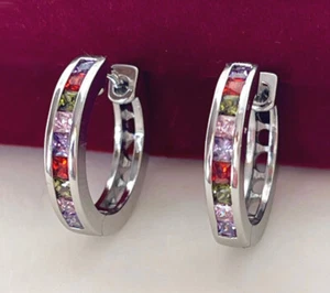 Luxus Ohrringe Creolen Zirkona Kristalle Bunt 750 Weißgold 18K vergoldet Damen - Bild 1 von 6