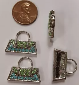 1 GREEN BLUE RHINESTONE SILVER HANDBAG 23mm. FLOATING CHARM FINDING R813 - Picture 1 of 3