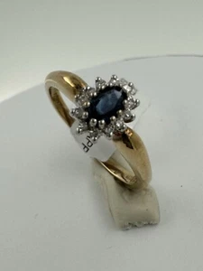 9ct Yellow Gold Sapphire & Diamond Cluster Ring Size P Hallmarked - Picture 1 of 11