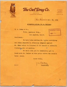 Owl Drug Co. San Francisco 1918 Briefkopf R.A. Rowan re: Auktion & Urteil - Bild 1 von 2