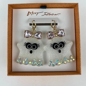 Betsey Johnson Halloween funkelnde Geister rosa Schleife & Glitzer Ohrhänger verpackt - Bild 1 von 4