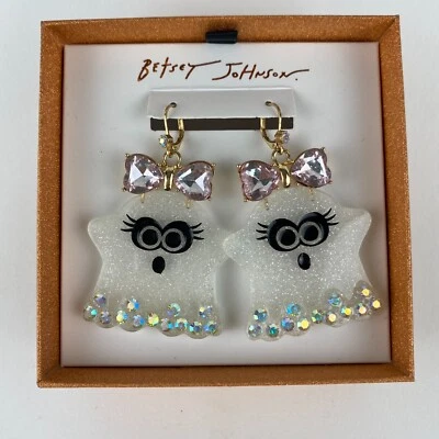 Betsey Johnson Halloween Sparkly Ghosts Pink Bow & Bling Dangle Earrings Boxed - Image 1 of 4