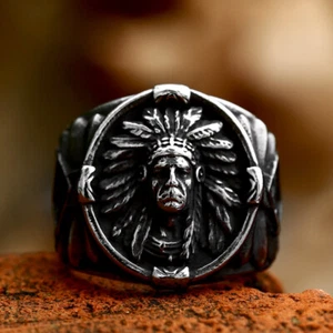 Vintage Indian Tribal Leader Chief Ring Stainless Steel Feather Cacique Ring - Picture 1 of 5