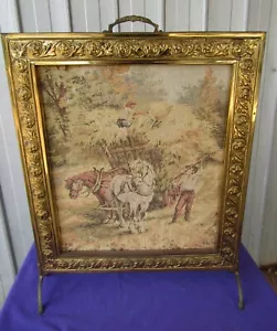 English Tapestry & Brass Fireplace Screen Farmer, Horse, Hay Wagon Scene - Picture 1 of 6
